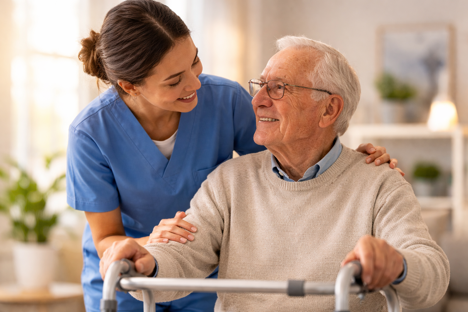 Caregiver supporting an older adult using a walker